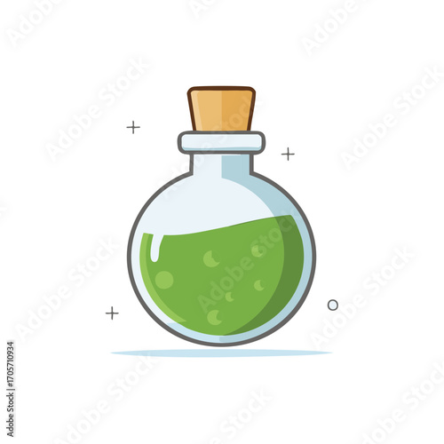 Bubbling Green Potion in Round Glass Flask with Cork Stopper Illustration