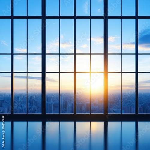 Stunning Cityscape Sunrise View Through Large Office Window