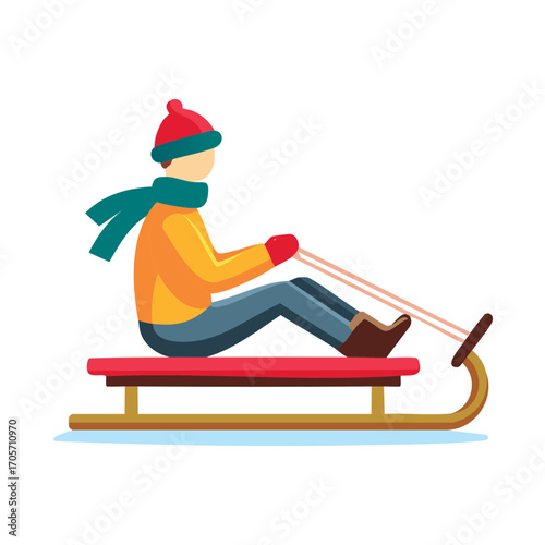 Child in winter clothing sledding downhill on a bright red toboggan in cartoon illustration