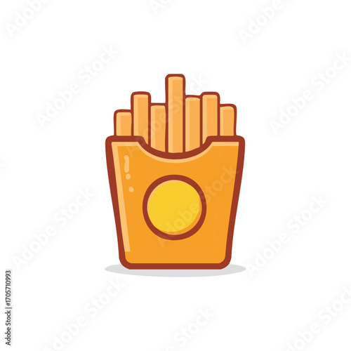 French fries in a box with a yellow circle, cartoon food illustration
