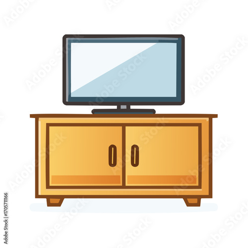 Television on Cabinet Vector Illustration with Doors, Modern Entertainment and Clean Minimalist Design