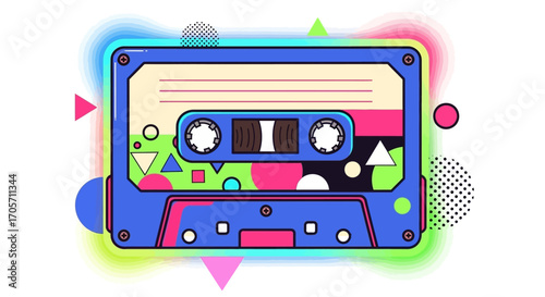 Retro cassette tape illustration with colorful geometric shapes and design.