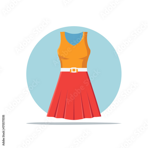 Orange summer dress with red pleated skirt and a white belt in blue circle