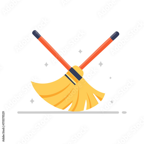 Crossed brooms with sparkle symbol of cleaning and tidiness flat design illustration