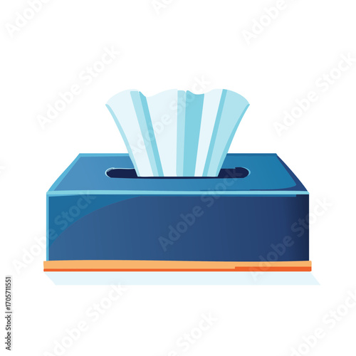 Close-up of a blue tissue box with a fan of white tissues peeking out from the opening