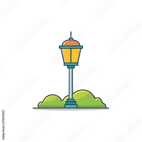Vintage Street Lamp With Green Bushes Simple Flat Illustration