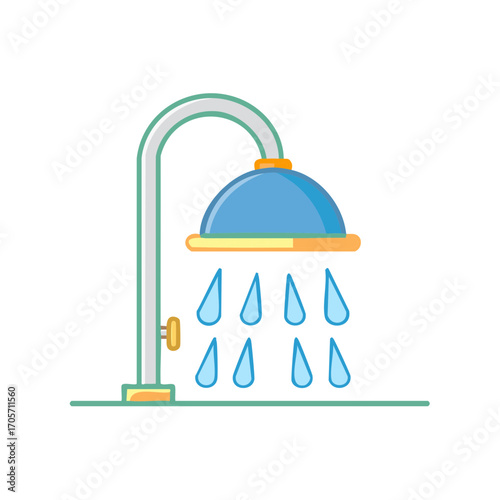 Illustration of a minimalist shower head with blue water droplets in a bathroom, water fixture icon