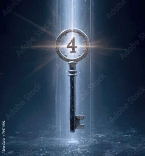 A glowing antique key, etched with the number four, hovers within a beam of light against a dark, moody background, suggesting mystery and anticipation