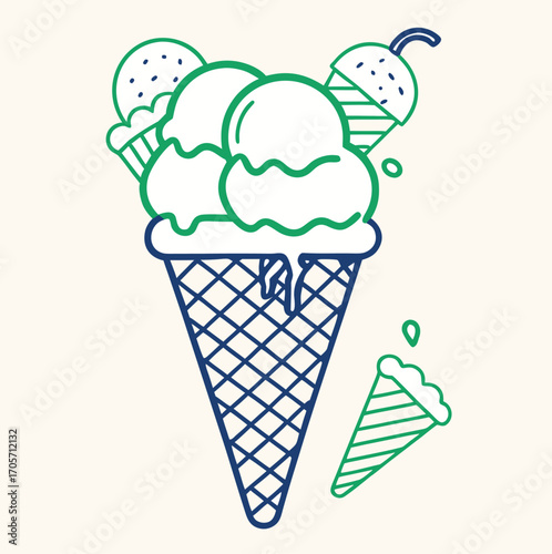 A sweet and creamy ice cream cone vector illustration with frozen pink vanilla and chocolate swirl