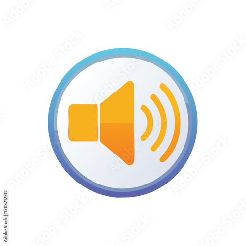 Orange speaker icon with sound waves inside a blue and white circle