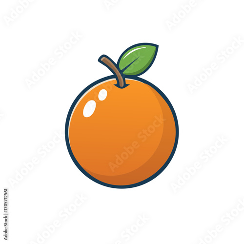 Vibrant cartoon orange with a green leaf and stem, representing healthy food and freshness