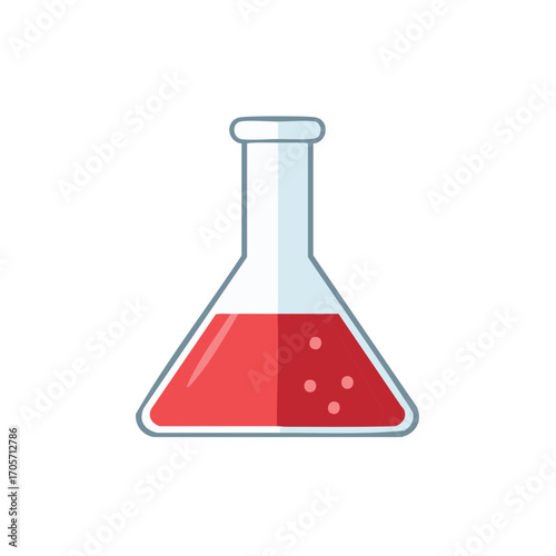 Vibrant red liquid and effervescent bubbles inside a scientific conical flask representing chemistry research