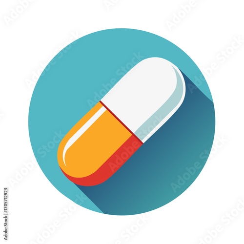 Colorful capsule medicine icon on a blue circle in flat style design