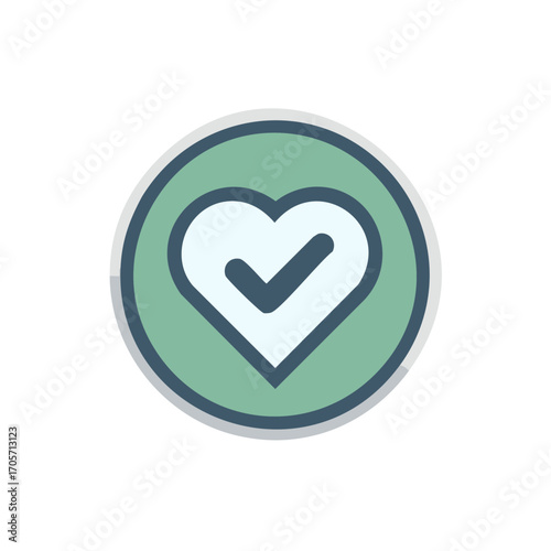 Heart Shape with Check Mark Symbol inside Circle Icon on a White Background