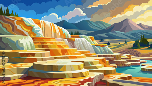 Steaming terraces at Yellowstone’s Mammoth Hot Springs, USA, sculpt alabaster steps and rainbow mineral patterns beside drifting geothermal mists under bright high-country sunshine.