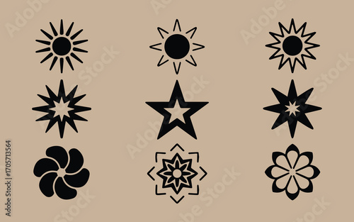 Collection of nine black star and sunburst graphic symbols on a tan background