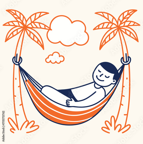 A man enjoys his tropical summer vacation on a hammock between two palm trees overlooking the ocean