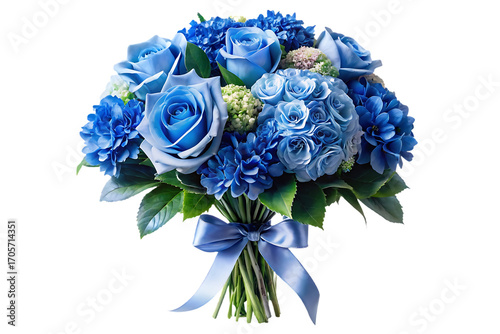 Blue themed floral arrangement with blue roses, hydrangeas and white accents tied with ribbon, isolated on a transparent background
