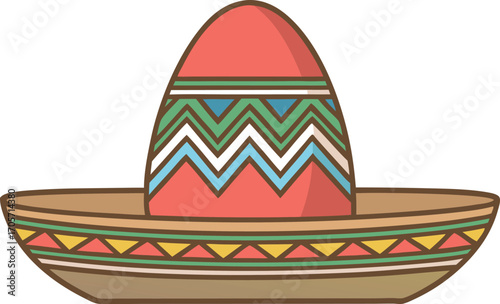 Vector icon of a tan Mexican sombrero with a wide brim decorated in green and blue zigzag patterns. 