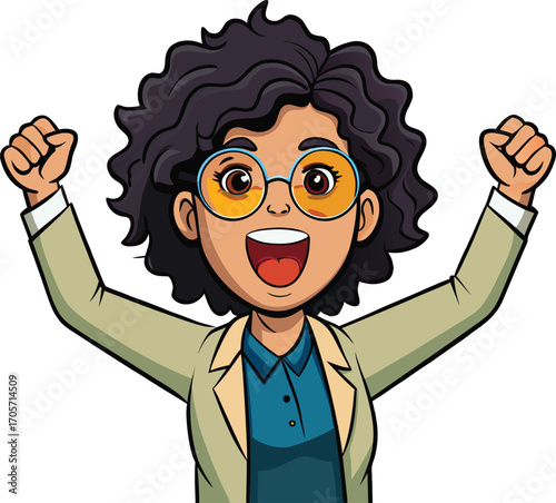 Cartoon woman with curly hair and yellow glasses cheering