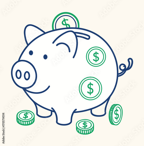 Pink piggy bank icon with a cute cartoon pig holding a coin, a whimsical illustration of savings and finance