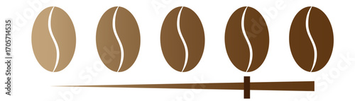 Barista coffee roasting degree infographic with bean roast level indicator strength measure powder grind symbol espresso cafe aroma different brew intensity stages brown black white illustration