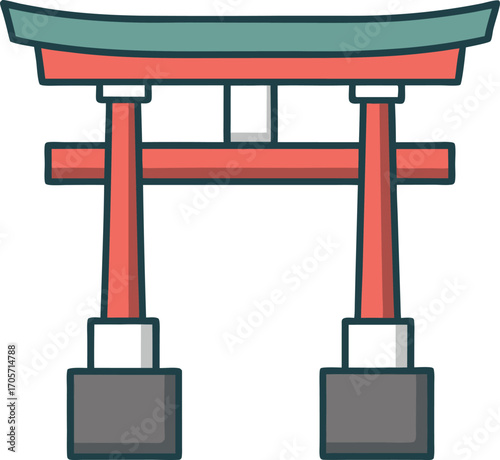 Vector icon of a traditional Japanese torii gate with coral red vertical pillars.