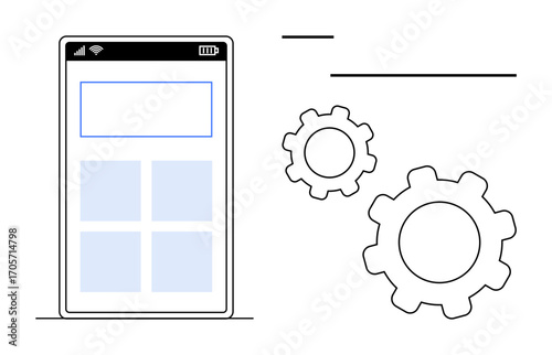Smartphone screen displaying app framework design, accompanied by gear icons representing functionality, optimization, and development. Ideal for technology, app design, development, software