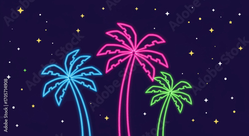 Three Colorful Neon Palm Trees Glowing in the Dark.