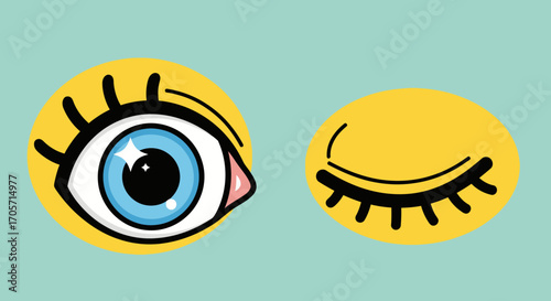 Two cartoon eyes one open and one closed on yellow circles.