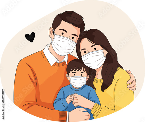 Happy family wearing face masks, parents with child, coronavirus protection, healthcare safety, medical mask illustration, family love, pandemic prevention concept