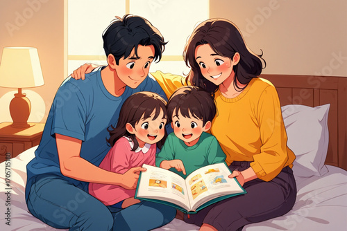A loving family of four, parents and two young children, are gathered on a bed, reading a book together with joy