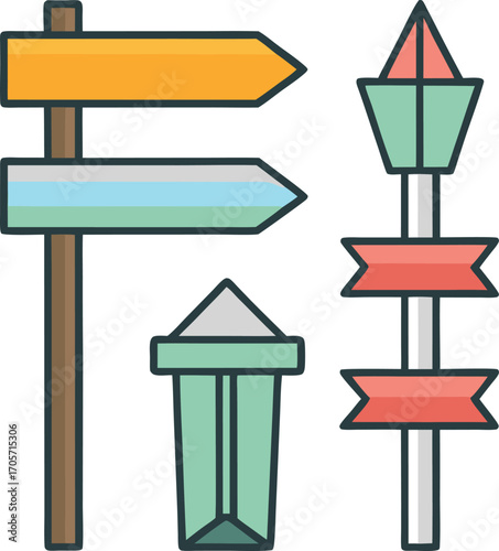 Directional signpost with multiple colorful arrows pointing in different directions.