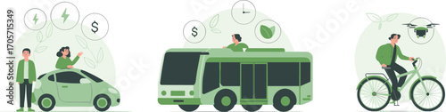 Eco friendly car, electric bus, bicycle ride, green energy, renewable transport, sustainable travel, clean vehicle, healthy commute, environment