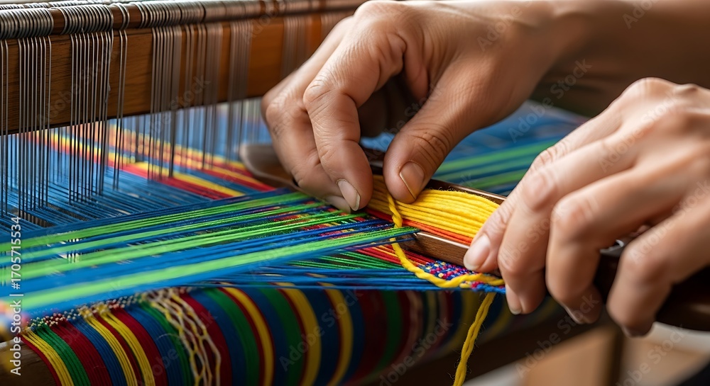 Obraz premium Vibrant Threads: Close-up of Hands Weaving a Colorful Textile on a Traditional Loom