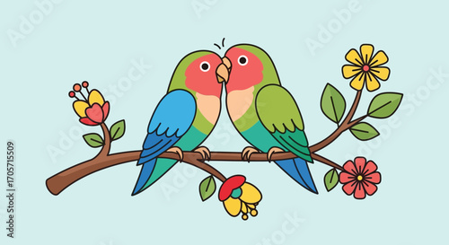 Two lovebirds perched on a branch.