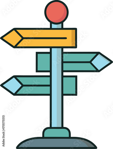 Directional signpost with multiple colorful arrows pointing in different directions.