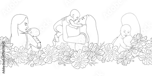 Mothers with children seamless border. Mom, babies, anemone flower banner. Graphic line art illustration for Mother's Day holiday, maternity hospital design, website, motherhood psychological article