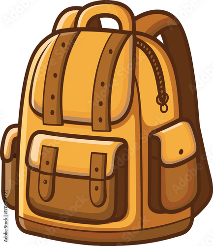 Hiking backpack with multiple pockets and straps, bright colors, travel gear illustration, flat vector style.
