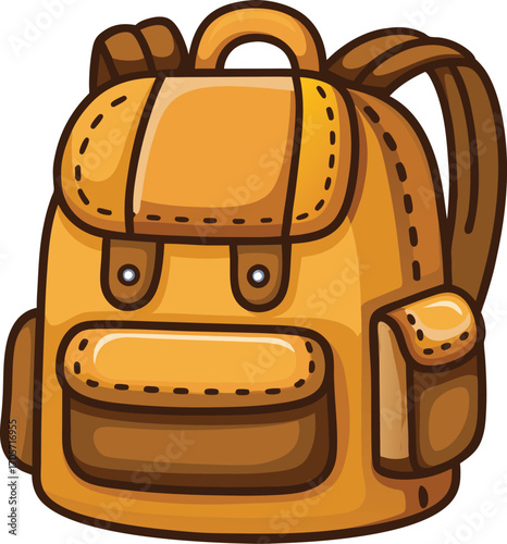 Hiking backpack with multiple pockets and straps, bright colors, travel gear illustration, flat vector style.
