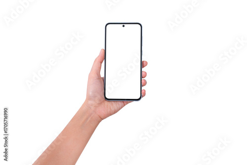 Close-up of hand showing blank smartphone screen on white background. Suitable for technology, marketing and product placement concepts.