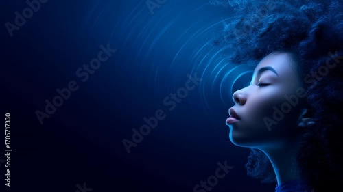 Digital illustration depicting human cognitive processing with blue sound wave frequencies surrounding female profile, revealing intricate neural network connections against dark background.