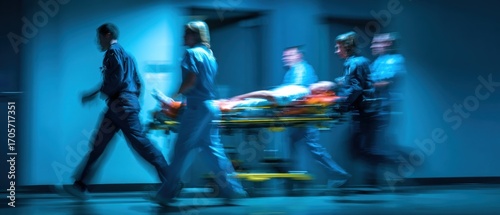 Blurred motion of people in scrubs rushing with a patient on a gurney through a blue-lit hospital hallway conveys a sense of urgency and emergency