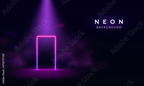 Light neon door with smoke glowing on dark, led luminous portal in fog, laser gate with sparkles and reflections