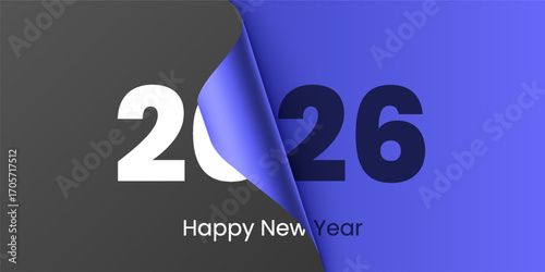 2026 happy new year celebration greeting card and social media post or banner vector design template in page peel style