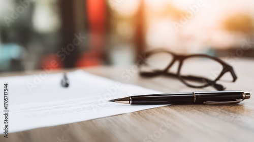 A pen lies diagonally on a blank white paper with eyeglasses nearby,