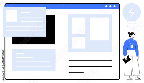 Webpage layout featuring interactive content blocks, a standing figure holding documents, and lightbulb icon. Ideal for web design, collaboration, organization, creativity, productivity, innovation