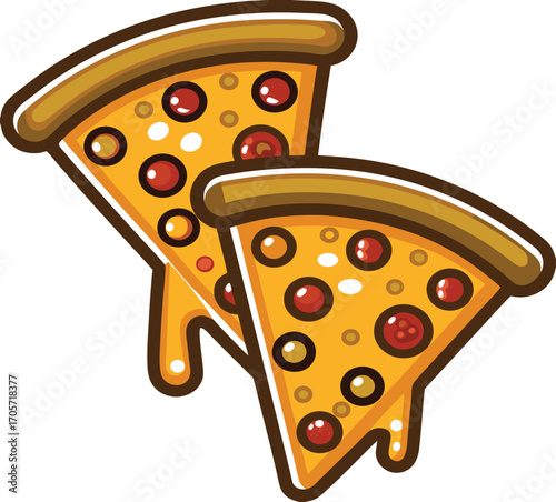 Pizza Slices Icon 
Two  slices of pizza with melted cheese, pepperoni, and olives, playful and delicious, food illustration.
