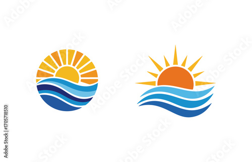 Two vector illustrations of a stylized sun rising over wavy blue ocean water a symbol of nature and travel