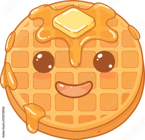 Cute Cartoon Waffle Breakfast Food with Syrup and Butter Illustration